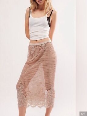 Free People Gemma Lace Mesh Fishnet Semi Sheer Midi Skirt In Cashmere XS